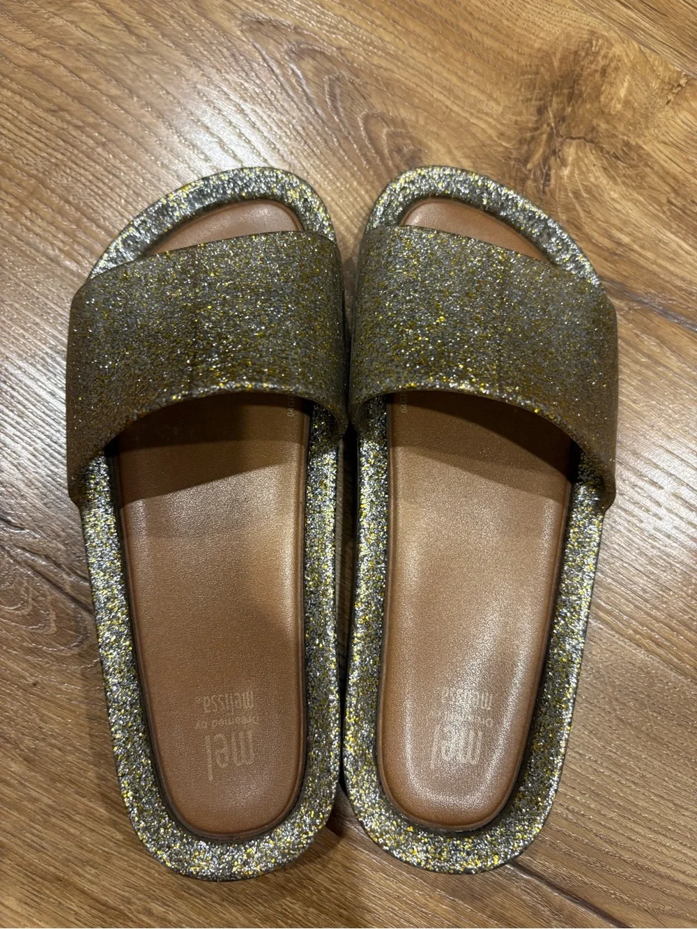 Mini Melissa Glitter Slide Sandals in Gold and Brown